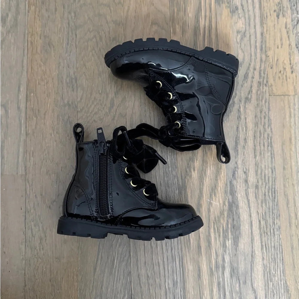 H&M Baby Patent Black Boots 4.5 | Velvet Lace Zip Warm Lined Combat Booties